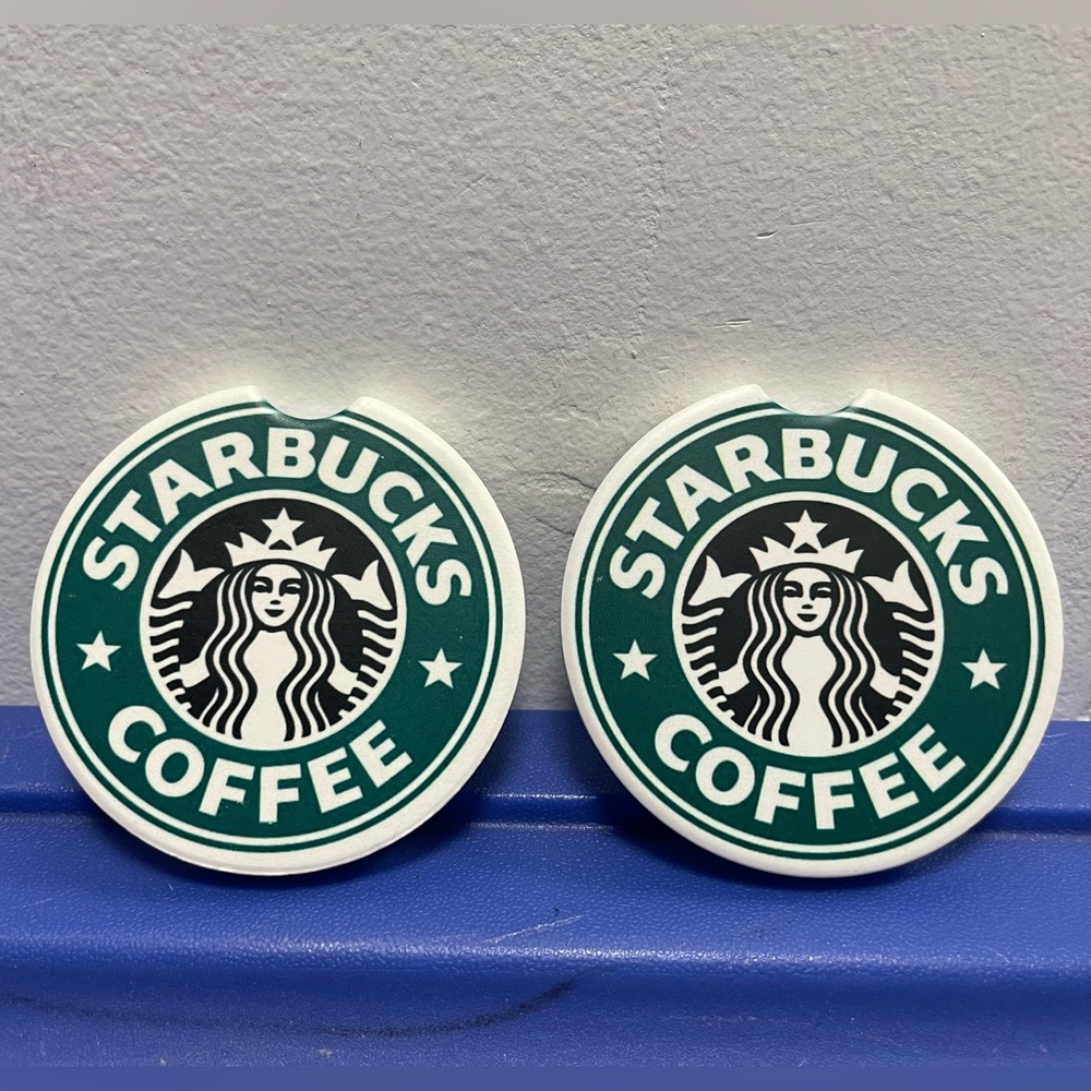Set of 2 ceramic Starbucks siren mermaid logo car cup holder coasters - Picture 2 of 4